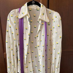 Marc Jacobs  Sz. 0 White Button Down Yellow Flowers Purple Bow